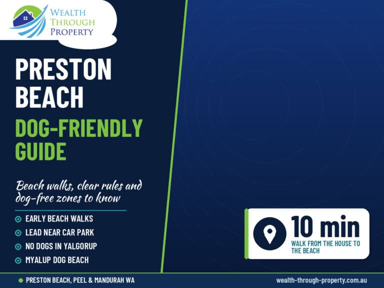 Dog-friendly Preston Beach guide cover showing the beach entrance a 10-minute walk from the house