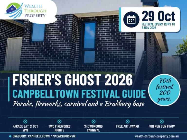 Festival of Fisher's Ghost 2026 Bradbury stay guide cover over the black brick facade of Matilda's Urban Escape