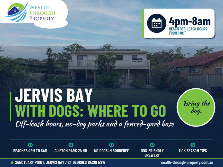 Jervis Bay with dogs guide cover over the fenced backyard at Luna's Sanctuary, Sanctuary Point: off-leash hours and dog rules