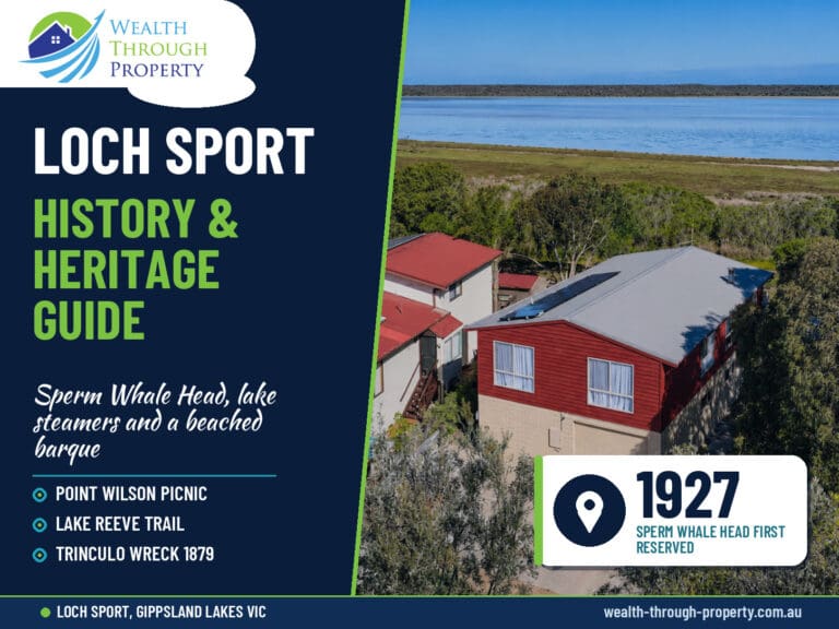 Loch Sport history guide cover showing Carlenes Getaway's elevated lakeside setting near Lake Victoria