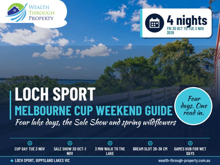 Loch Sport Melbourne Cup weekend guide cover over the Lake Victoria balcony view at Carlenes Getaway