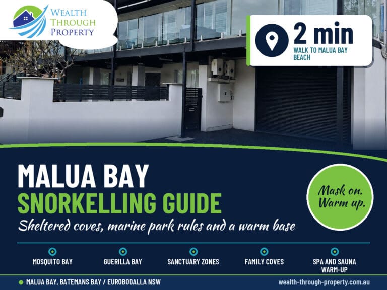 Malua Bay snorkelling guide cover with the view from the front of Skye's Beach House towards Malua Bay Beach
