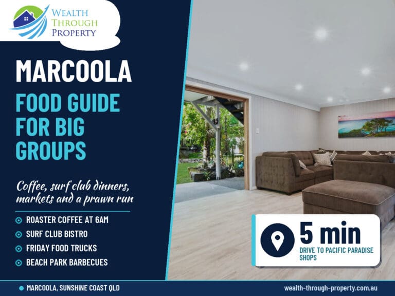 Marcoola food guide cover: a timber bar with red stools at a Sunshine Coast group holiday house