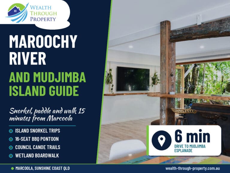 Tropical pool and garden at Aaron's Beachside Boat House, cover for a Maroochy River and Mudjimba Island guide from Marcoola