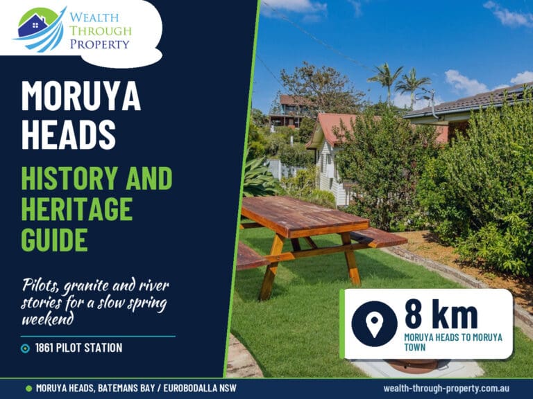 Moruya Heads history guide cover with the garden firepit at Bertie's 3 Beaches on the NSW South Coast