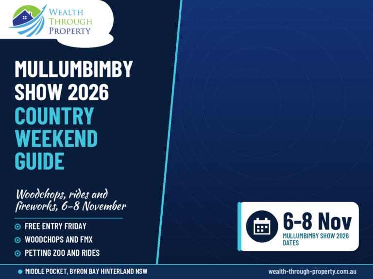 Mullumbimby Show 2026 weekend guide cover with the private creek swimming spot at Figtree Creek Retreat, Middle Pocket