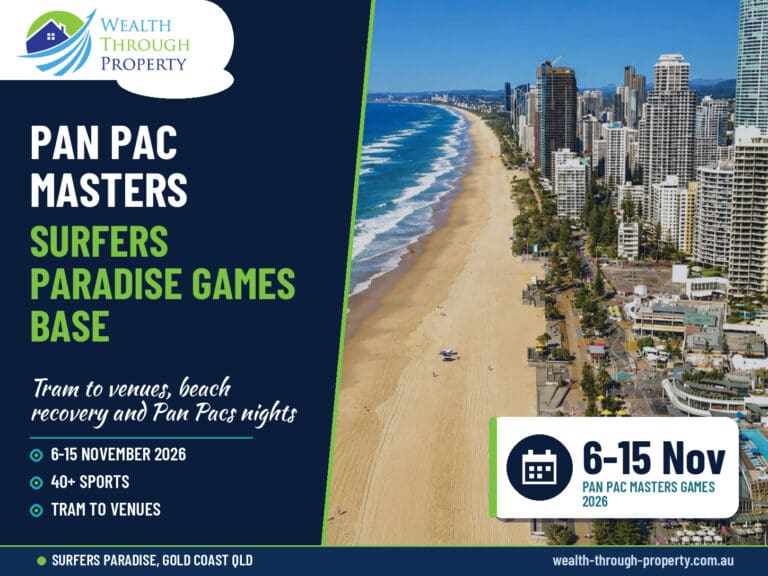 Surfers Paradise Beach cover for a Pan Pacific Masters Games 2026 guide with a Surfers Paradise stay