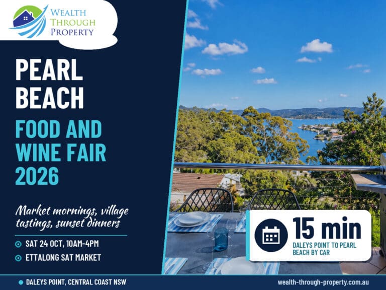 Cover for a Pearl Beach Food and Wine Fair 2026 guide, showing water-view balcony dining at a Daleys Point holiday home