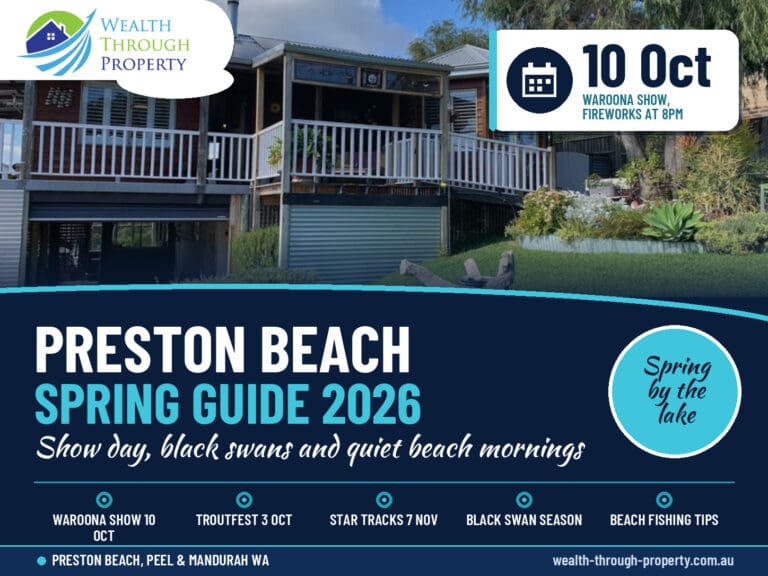 Preston Beach spring guide cover with sunrise over Lake Preston, Waroona Show and Star Tracks dates for 2026