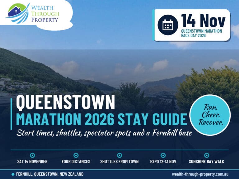 Queenstown Marathon 2026 stay guide cover with lake and mountain views from the Fernhill balcony at Sarah's Scenic Stay
