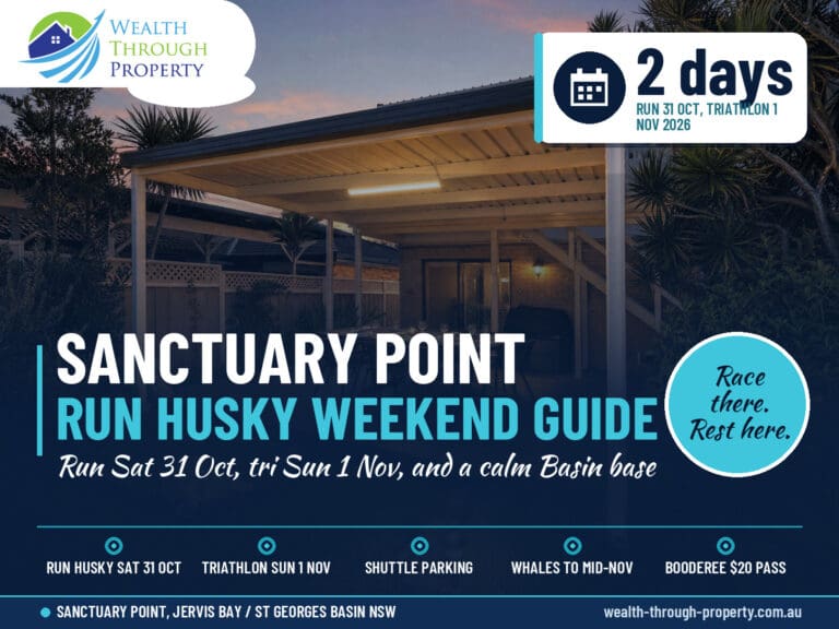 Run Huskisson and Husky Triathlon 2026 weekend guide cover with Luna's Sanctuary deck in Sanctuary Point, Jervis Bay