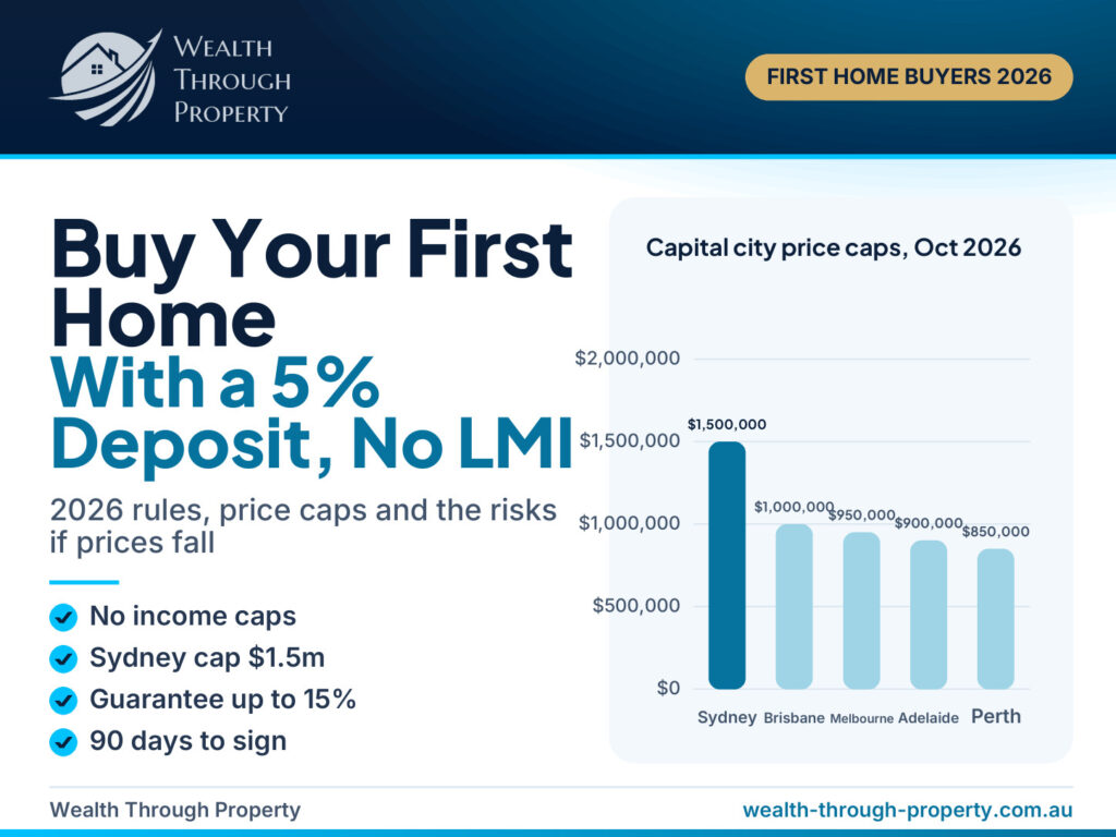 WTP cover: Buy Your First Home With a 5% Deposit, No LMI, bar chart of capital city price caps, 0k Perth to <h1 id=