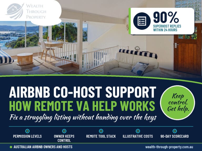 WTP cover for Airbnb co-host support guide, showing a bright holiday home living area and key points for owners