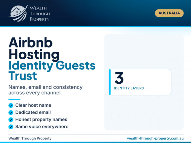 WTP cover for the Airbnb hosting identity guide, showing host name, dedicated email and consistency checks