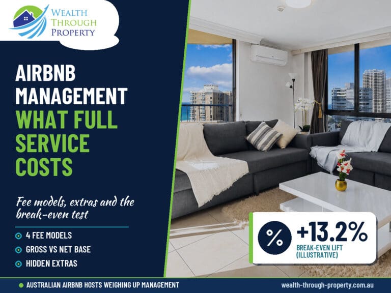Cover for a WTP guide to Airbnb management fees in Australia, showing a bright holiday apartment living room