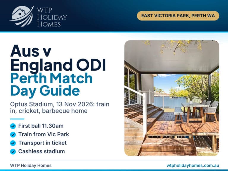Australia v England ODI Perth 2026 guide cover over the barbecue deck at Sasha's Cottage on the Hill, East Victoria Park