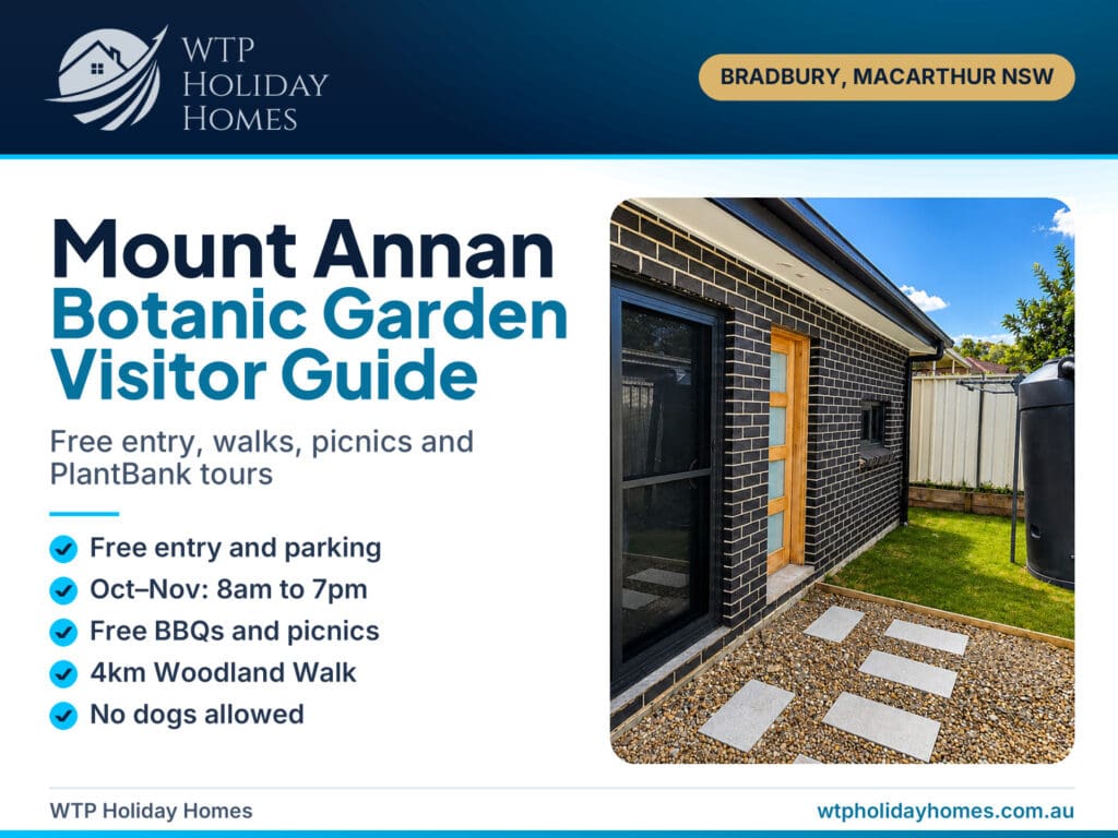 Cover: Mount Annan Botanic Garden Visitor Guide with free entry, 8am to 7pm spring hours and picnic tips near Bradbury