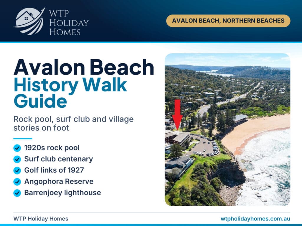 Avalon Beach history guide cover with the beach near Avalon Village, Sydney Northern Beaches