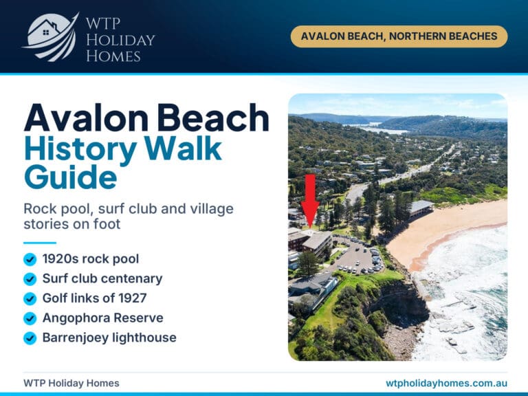 Avalon Beach history guide cover with the beach near Avalon Village, Sydney Northern Beaches