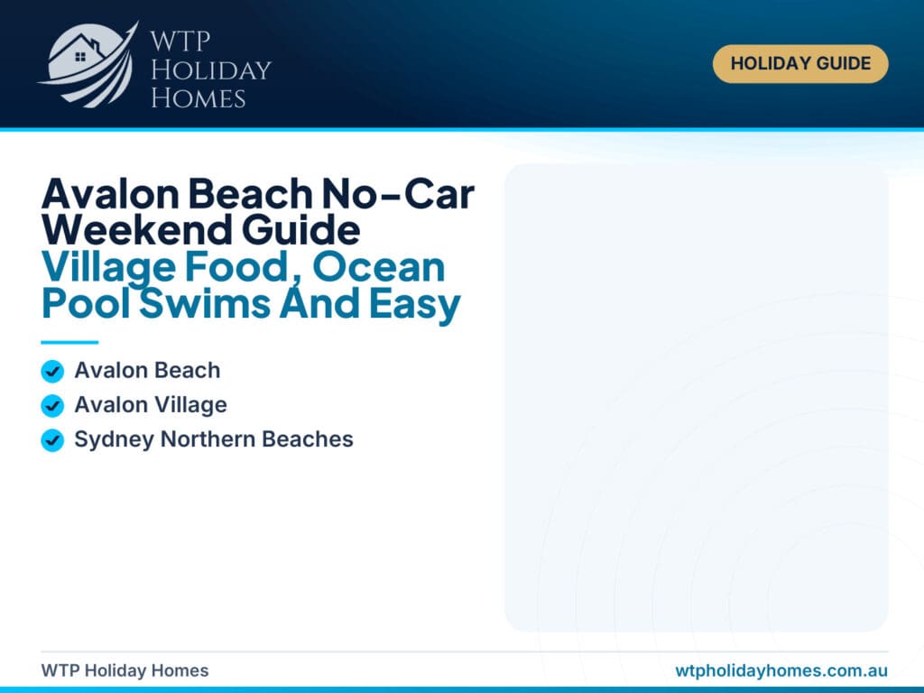 Featured image for an Avalon Beach no-car weekend guide showing Avalon Beach, Avalon Village, ocean pool swims and Peter’s Beachside Apartment as a walkable beachside base.