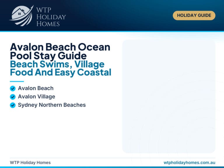 Featured image for an Avalon Beach ocean pool stay guide showing Avalon Beach, Avalon Rockpool, village cafes and Peter’s Beachside Apartment as a beachside base.