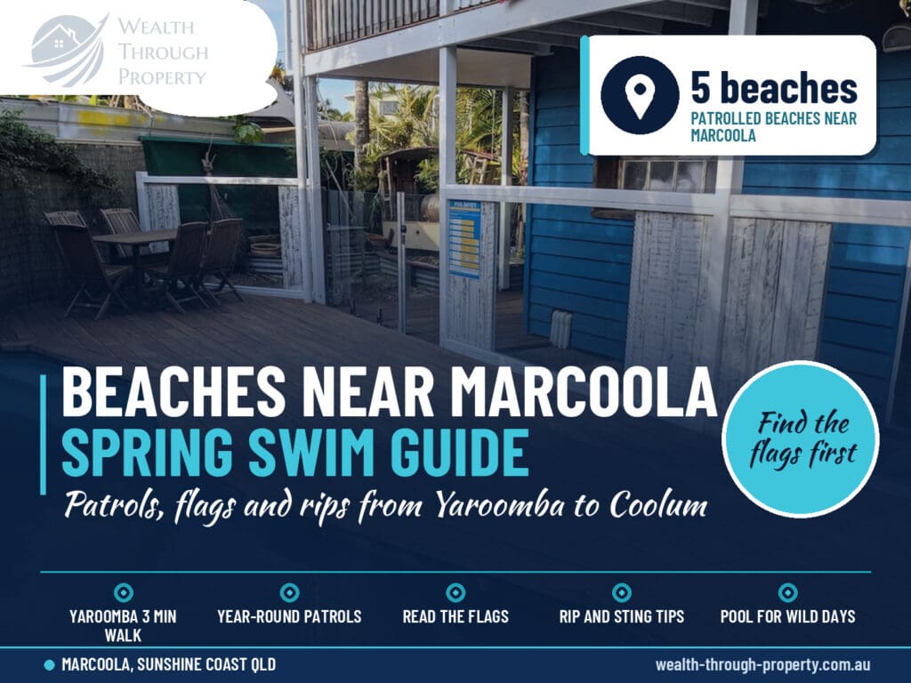 Beaches near Marcoola spring swim guide cover with the pool and deck at Aaron's Beachside Boat House, Sunshine Coast