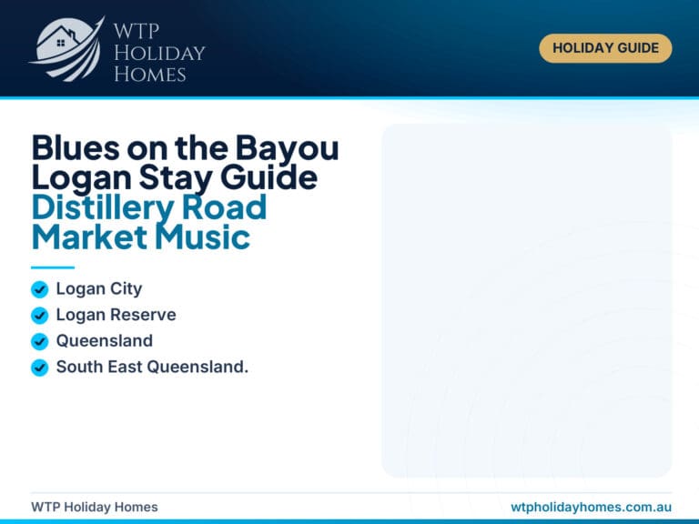 Featured image for a Blues on the Bayou Logan stay guide showing Distillery Road Market live music, food, family-friendly event energy, lake time and Summer’s Greenview Retreat.