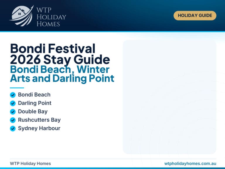 Featured image for a Bondi Festival 2026 stay guide, showing Bondi Beach winter festival atmosphere with Darling Point harbour-side accommodation cues.