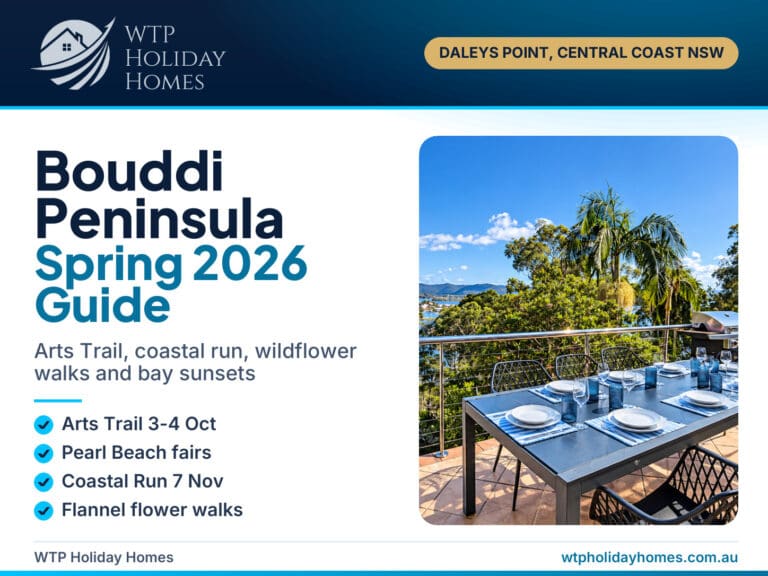 Bouddi Peninsula spring 2026 guide cover over a Brisbane Water view from Carinya Coastal Escapes at Daleys Point