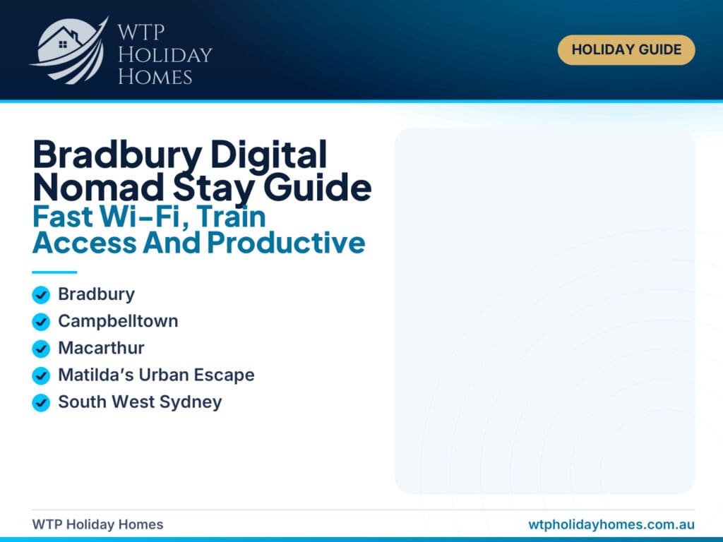 Featured image for a Bradbury digital nomad stay guide showing a laptop workspace, fast Wi-Fi, Campbelltown train access, shops and a private modern stay.