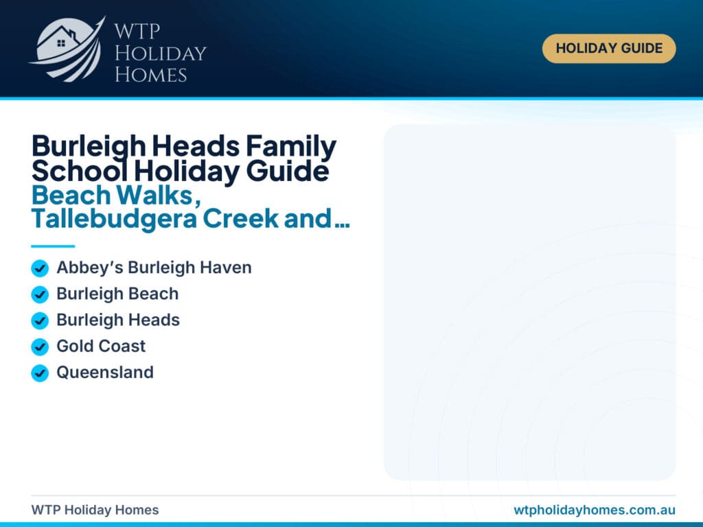 Featured image for a Burleigh Heads family school holiday guide showing beach walks, Tallebudgera Creek, wildlife and townhouse accommodation cues.