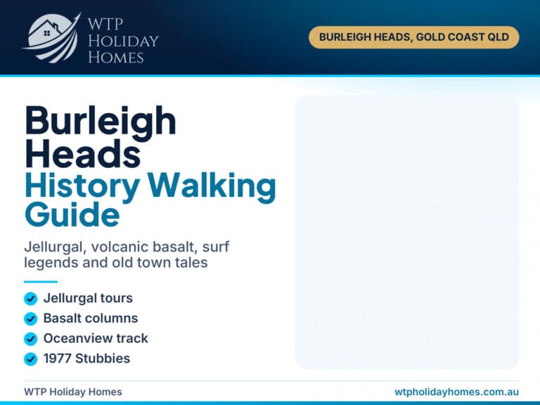 Burleigh Heads history guide cover: Jellurgal tours, basalt columns, Oceanview track and 1977 Stubbies surf story