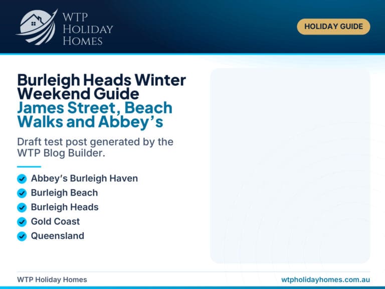 Featured image for a Burleigh Heads winter weekend guide showing Burleigh Beach, the headland, James Street dining and townhouse accommodation cues.