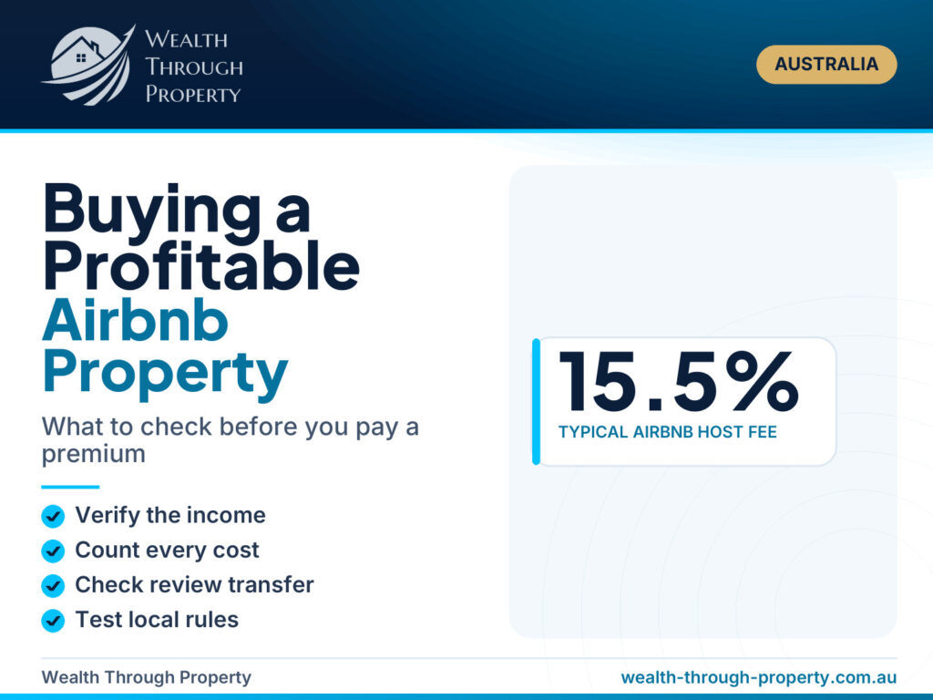 Cover graphic for a guide on buying a profitable Airbnb property in Australia: verify income, count costs, check review transfer, test local rules, plan a fallback
