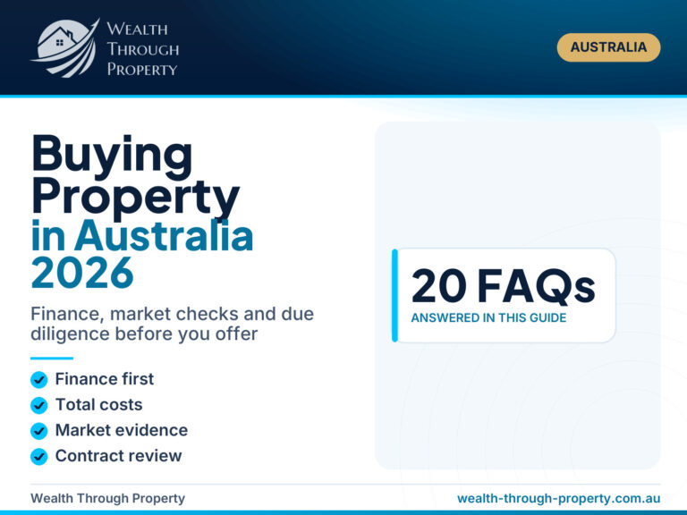 Cover for the WTP guide to buying property in Australia in 2026 showing five steps: finance first, total costs, market evidence, contract review and walk-away price.