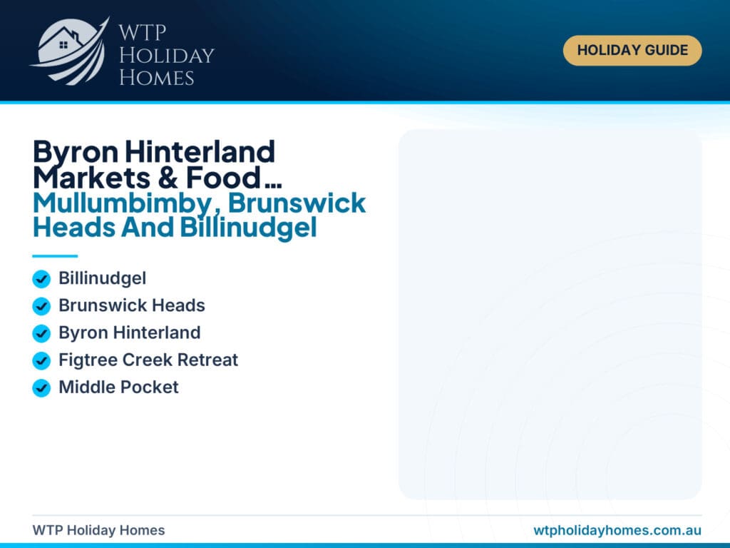 Featured image for a Byron Hinterland markets and food weekend guide, showing farmers market produce, riverside picnic cues, Billinudgel local food and a peaceful creek retreat.