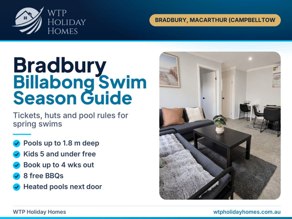 Cover for a Bradbury guide to the Campbelltown Billabong Parklands swim season, with tickets, huts and pool rules