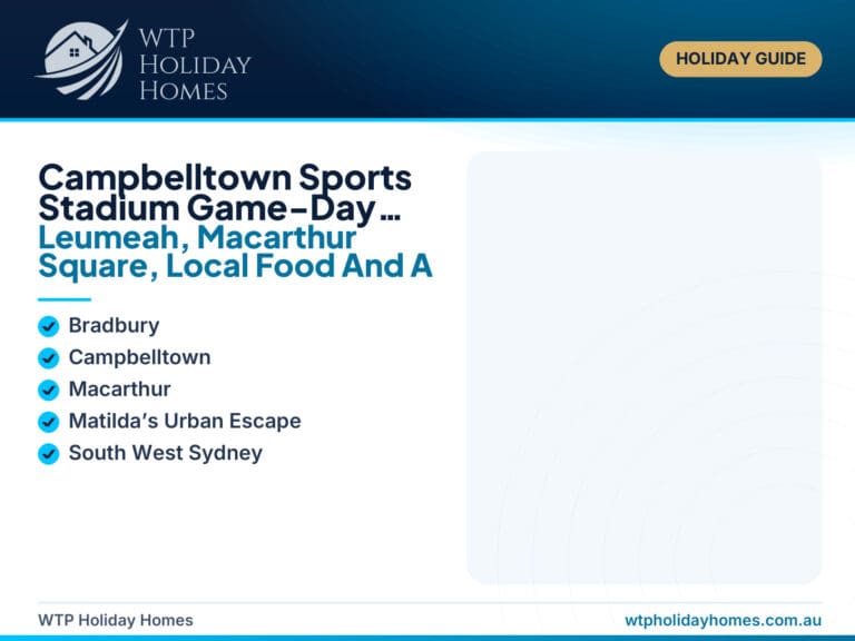 Featured image for a Campbelltown Sports Stadium game-day guide showing stadium lights, Leumeah transport, Macarthur Square, local food, family tips and Matilda’s Urban Escape