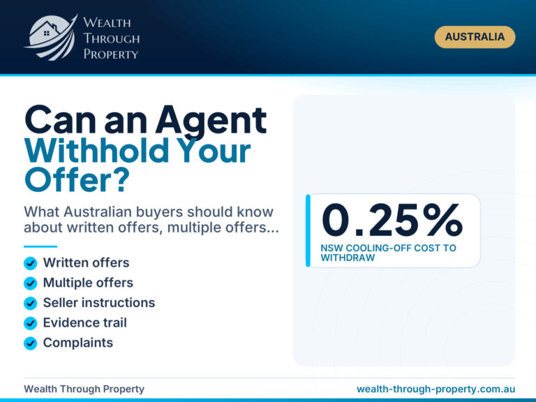 Wealth Through Property cover: can a real estate agent withhold an offer, covering written offers, multiple offers, seller instructions and complaints in Australia