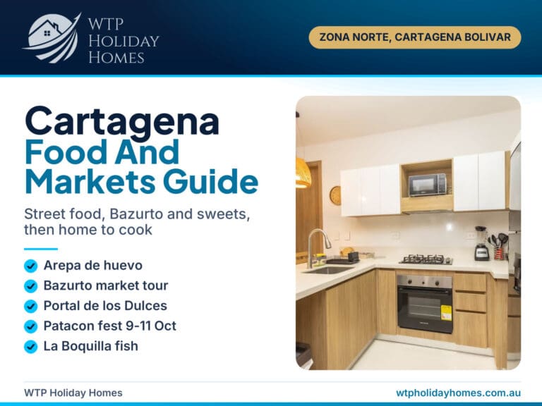 Cartagena food and markets guide cover over the open kitchen and breakfast bar at Kristal's Forest View, Zona Norte
