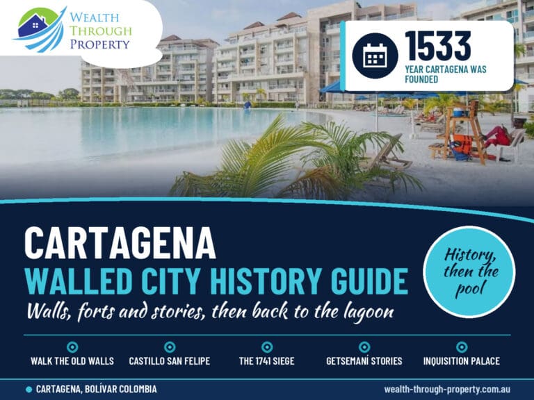 Cartagena history guide cover: walled city, Castillo San Felipe and Getsemaní, with a Zona Norte lagoon stay