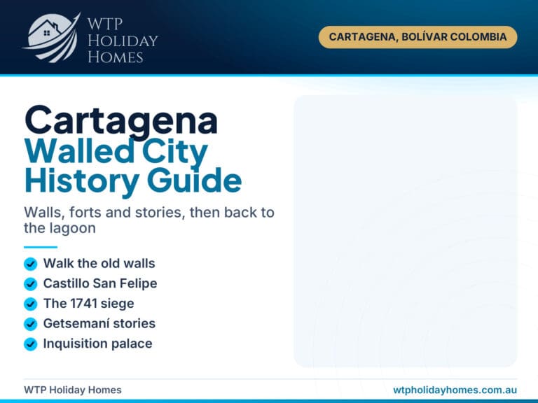 Cartagena history guide cover: walled city, Castillo San Felipe and Getsemaní, with a Zona Norte lagoon stay