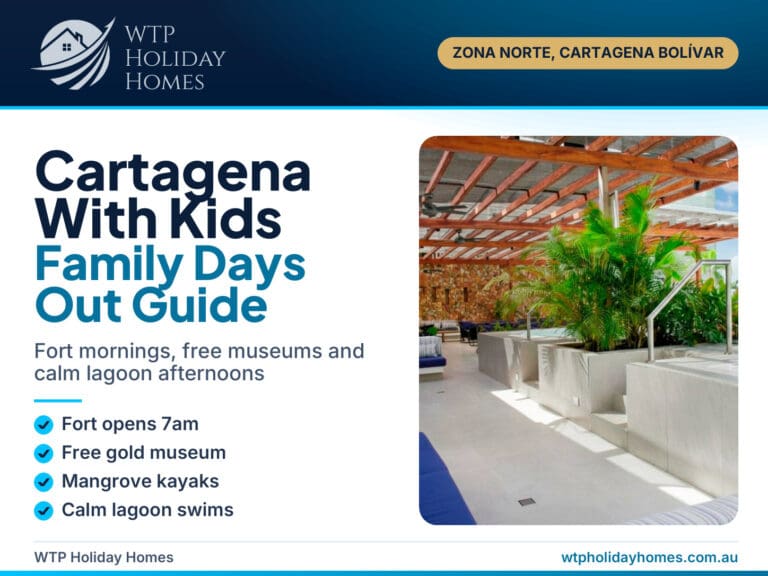 Cartagena with kids family guide cover over a calm lagoon pool with shaded loungers at Baia Kristal, Zona Norte