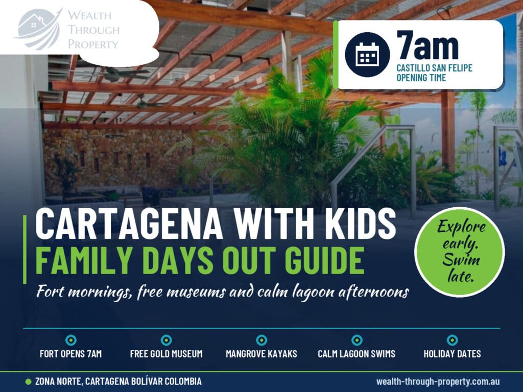 Cartagena with kids family guide cover over a calm lagoon pool with shaded loungers at Baia Kristal, Zona Norte