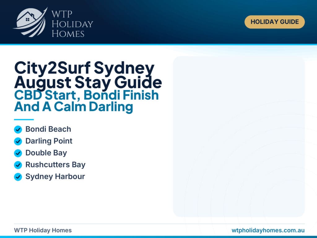 Featured image for a City2Surf Sydney August stay guide, showing runners, the Sydney CBD to Bondi course, harbour views and The Darling Private Oasis in Darling Point.