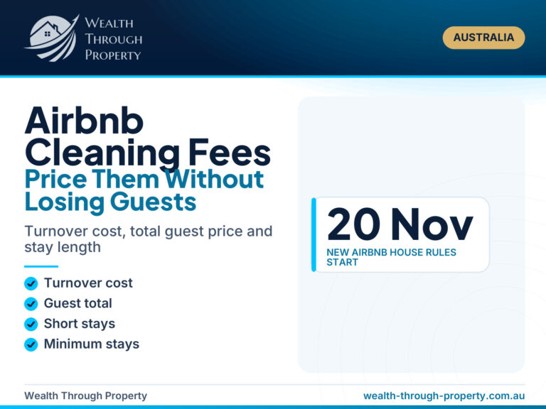 Airbnb cleaning fees guide cover from Wealth Through Property showing turnover cost, guest total, short stays and minimum stays