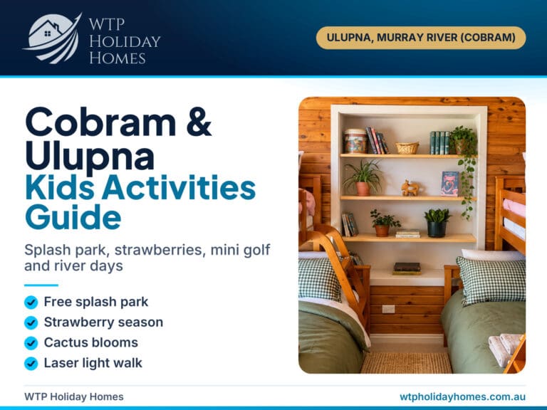 Cover for a Cobram and Ulupna kids activities guide, showing the bunk room at Bob's River House on the Murray River