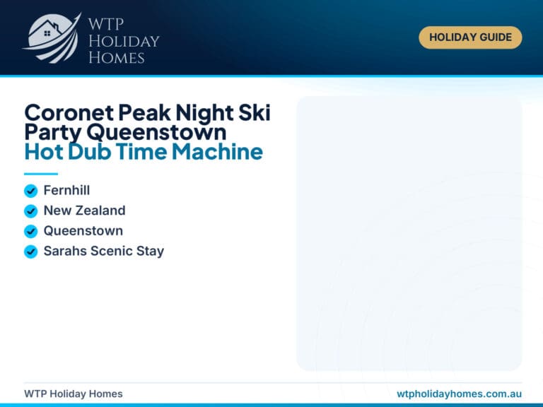 Queenstown night ski party guide image showing Coronet Peak lights, alpine snow, music event energy and Sarahs Scenic Stay as a Fernhill base.