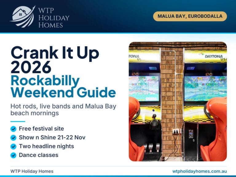 Cover for a Crank It Up Batemans Bay 2026 guide with a Malua Bay holiday stay at Skyes Beach House