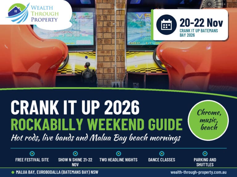 Cover for a Crank It Up Batemans Bay 2026 guide with a Malua Bay holiday stay at Skyes Beach House